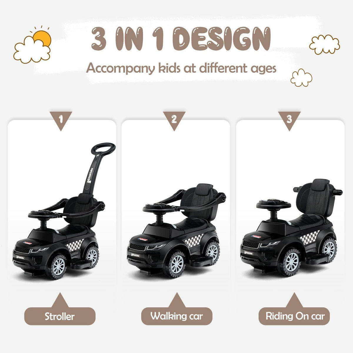 OLAKIDS 4 in 1 ride-on dark walking mode: smooth glide for toddlers