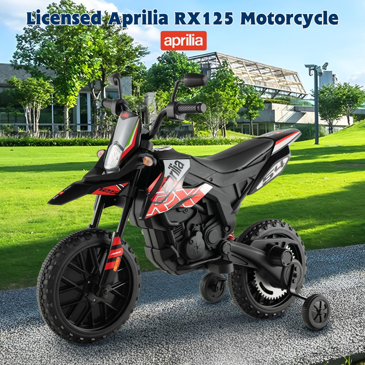 OLAKIDS Aprilia RX125 ride on, dash and headlights visible for safe twilight play