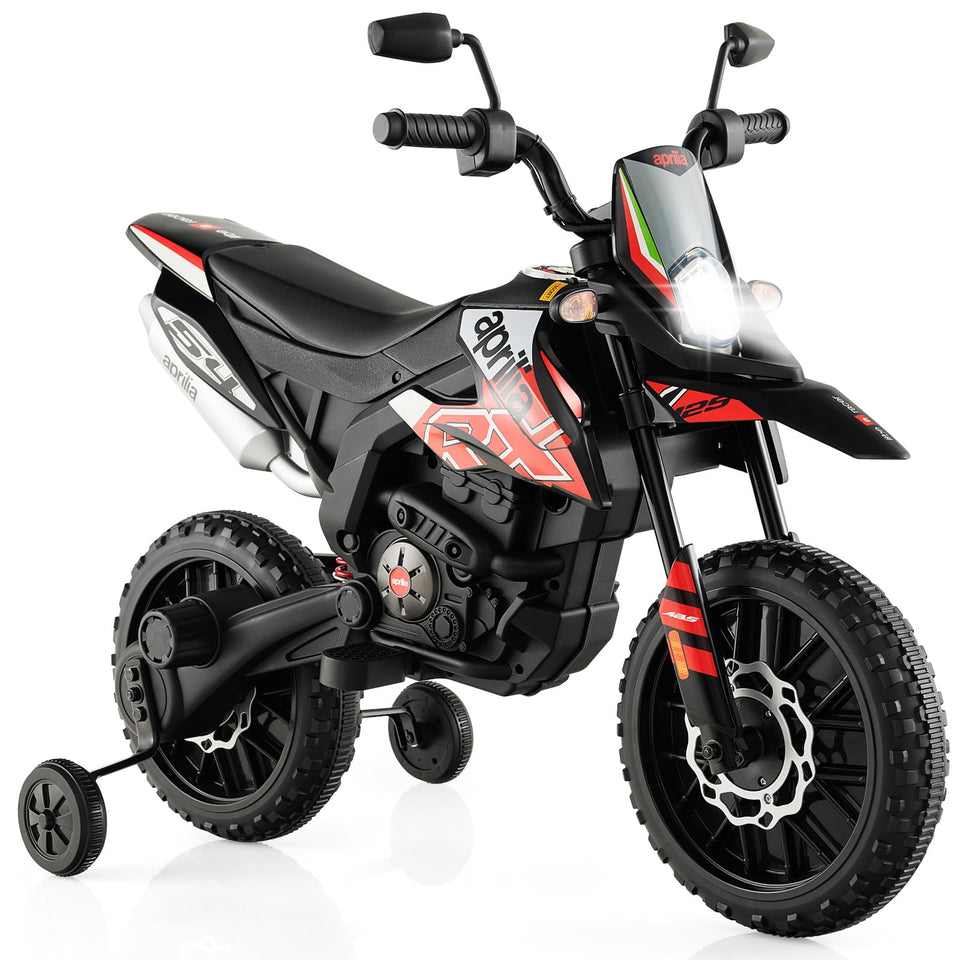 OLAKIDS Aprilia RX125 ride on, front view showing realistic styling for imaginative play