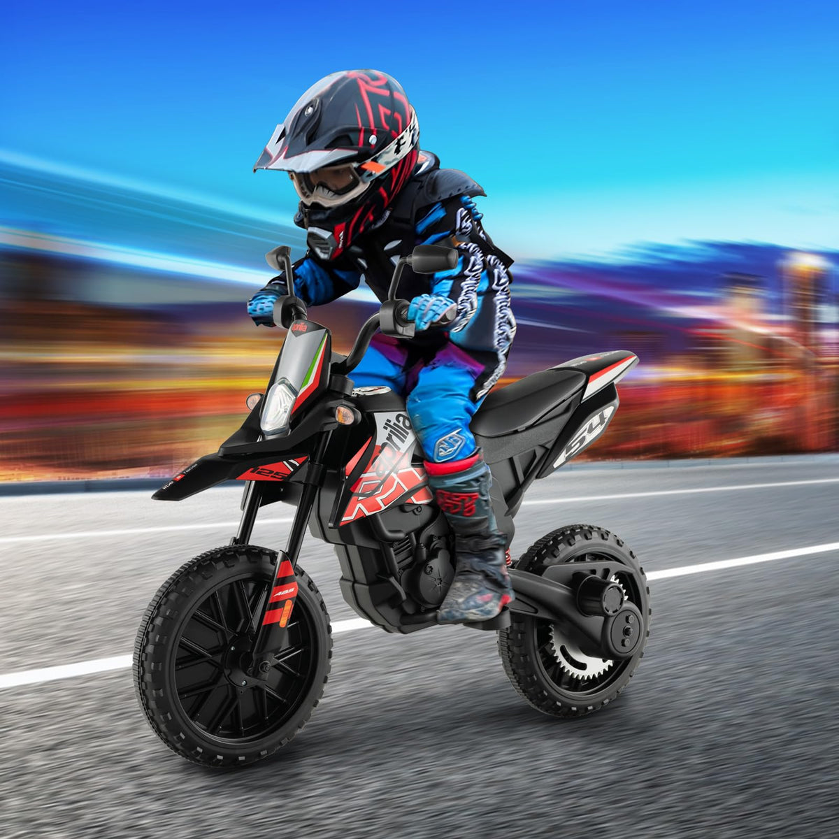 OLAKIDS Aprilia RX125 ride on, side view highlighting sturdy frame and training wheels