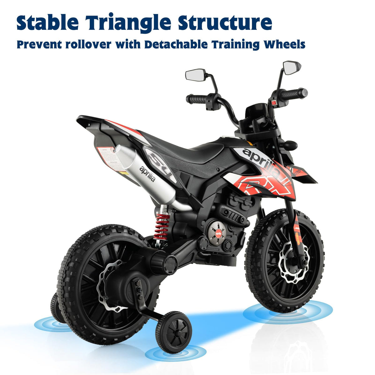 OLAKIDS Aprilia RX125 ride on, two detachable training wheels for beginner balance