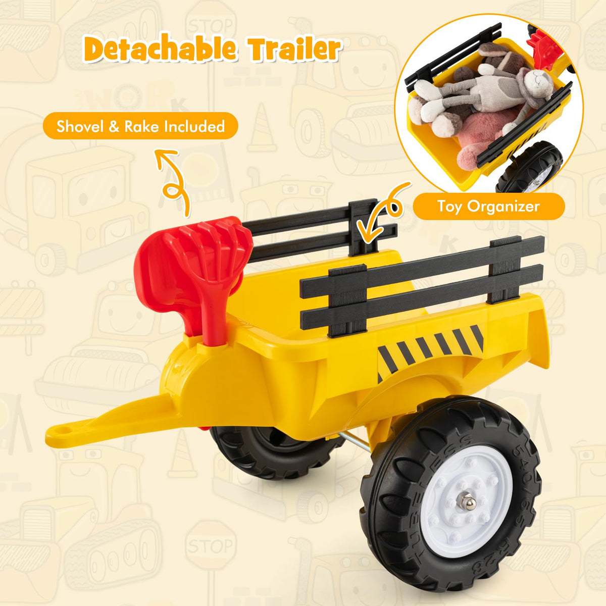 Olakids ride-on excavator includes shovel and rake for shoveling play