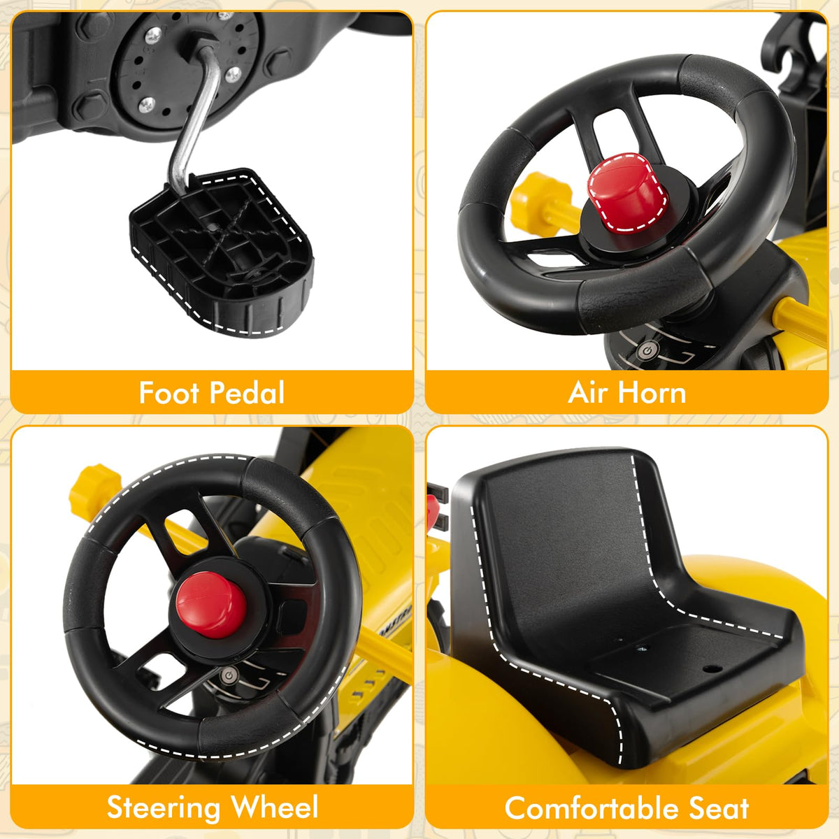 Olakids ride-on excavator pedal drive enables forward and backward movement