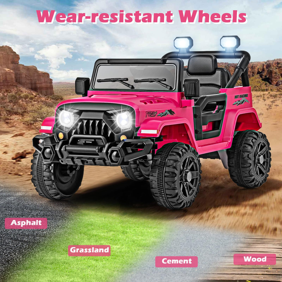 OLAKIDS ride-on truck interior features a rotating steering wheel for realism.