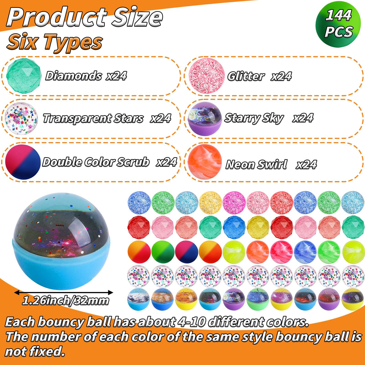 Oleitodh glitter-style bouncy balls add sparkle to rewards and playtime.