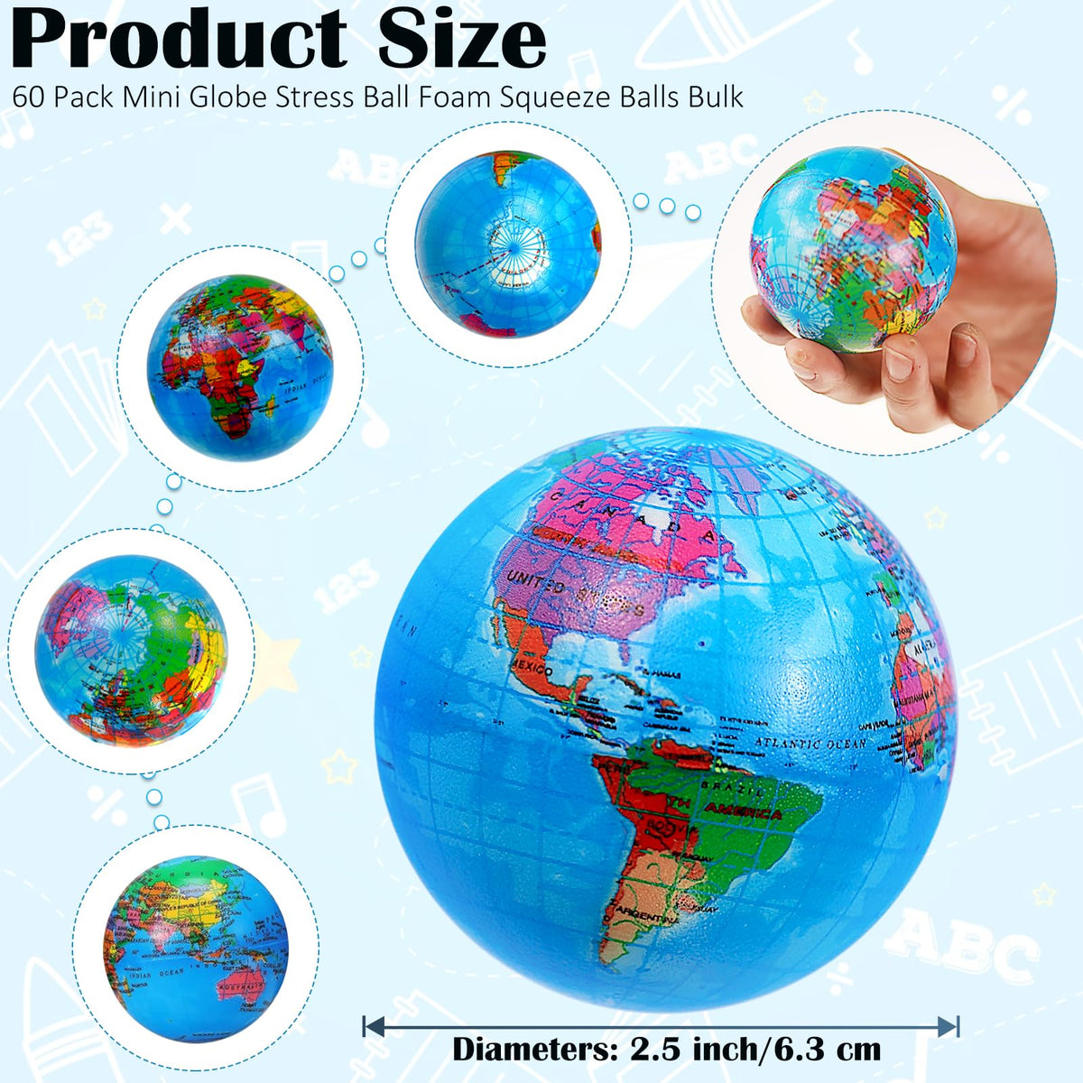 Oleitodh globe stress ball world map close up for learning and de-stressing