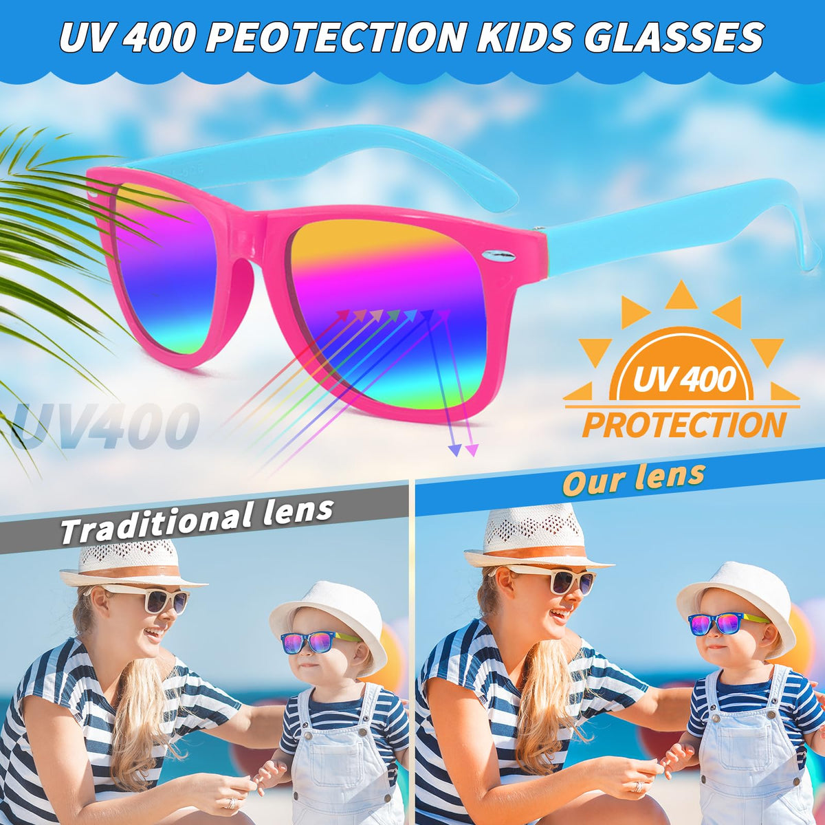 Oleitodh kids sunglasses, 40 mm lens height, ideal for beach days.