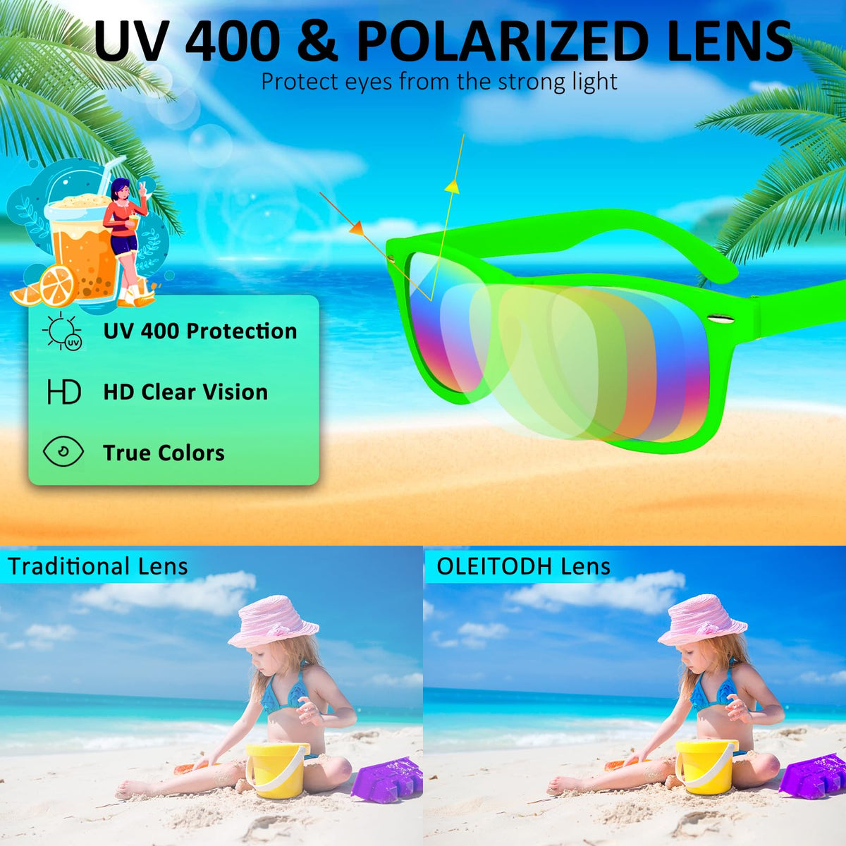 Oleitodh UV400 polarized lenses close-up highlights glare reduction for kids