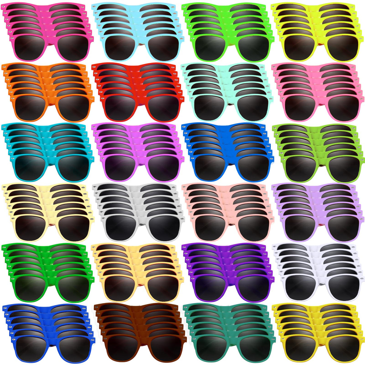 Oleitodh neon sunglasses show 24 bright colors on hinges for party vibrancy.