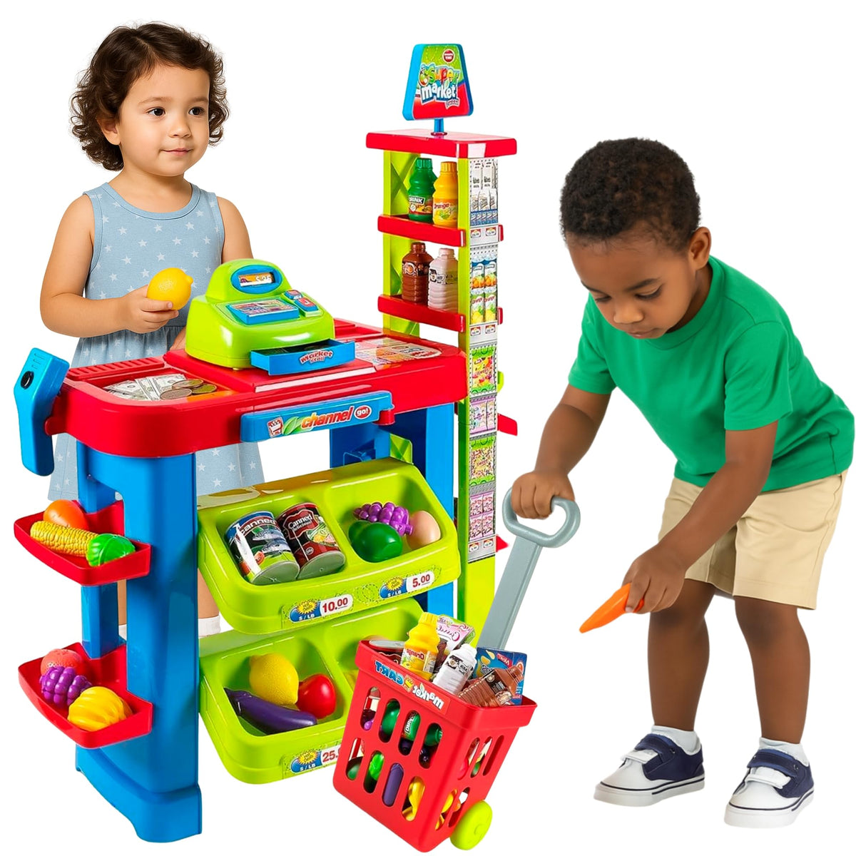OLEOCA supermarket playset cart promotes imaginative shopping and motor skills.