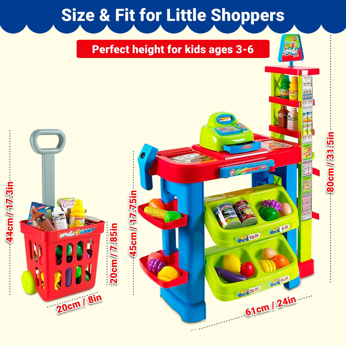 OLEOCA playset checkout counter supports role-play and counting practice.
