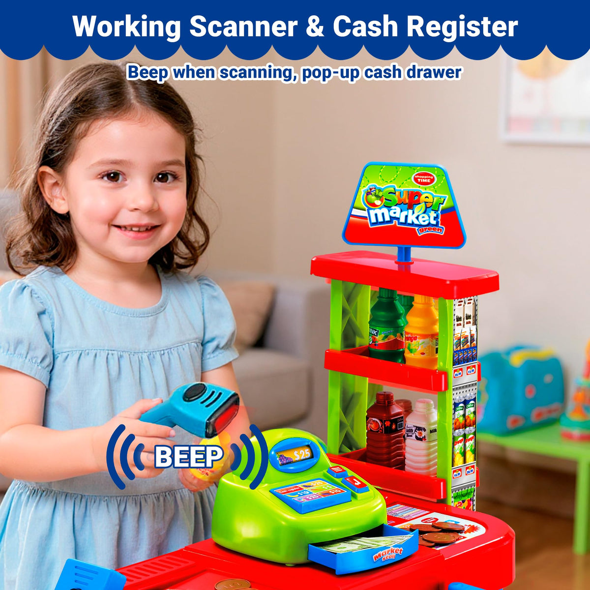 OLEOCA supermarket playset scanner adds interactive fun and pretend beeps.