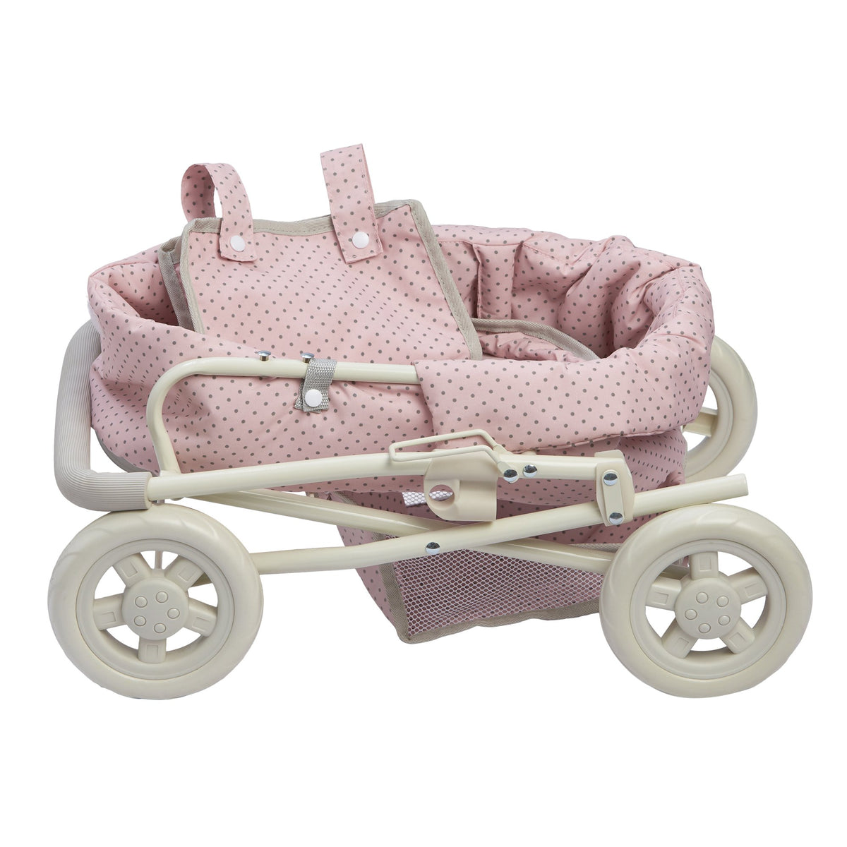 Sturdy metal frame of Olivia's Little World doll stroller supports lasting play.