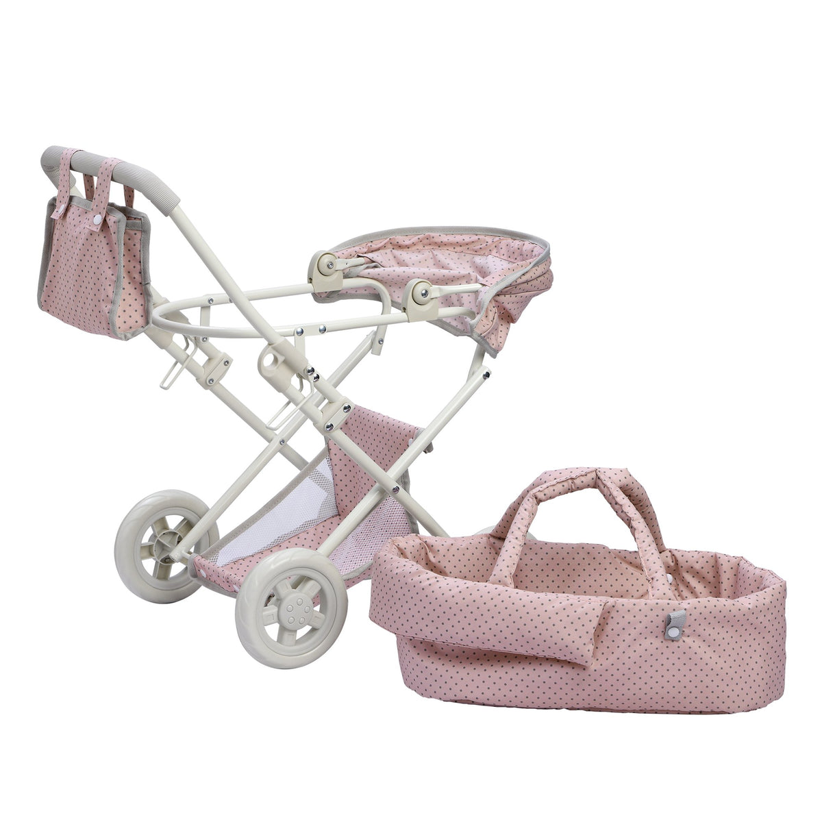 Durable pink and gray polka-dot fabric on Olivia's Little World stroller.