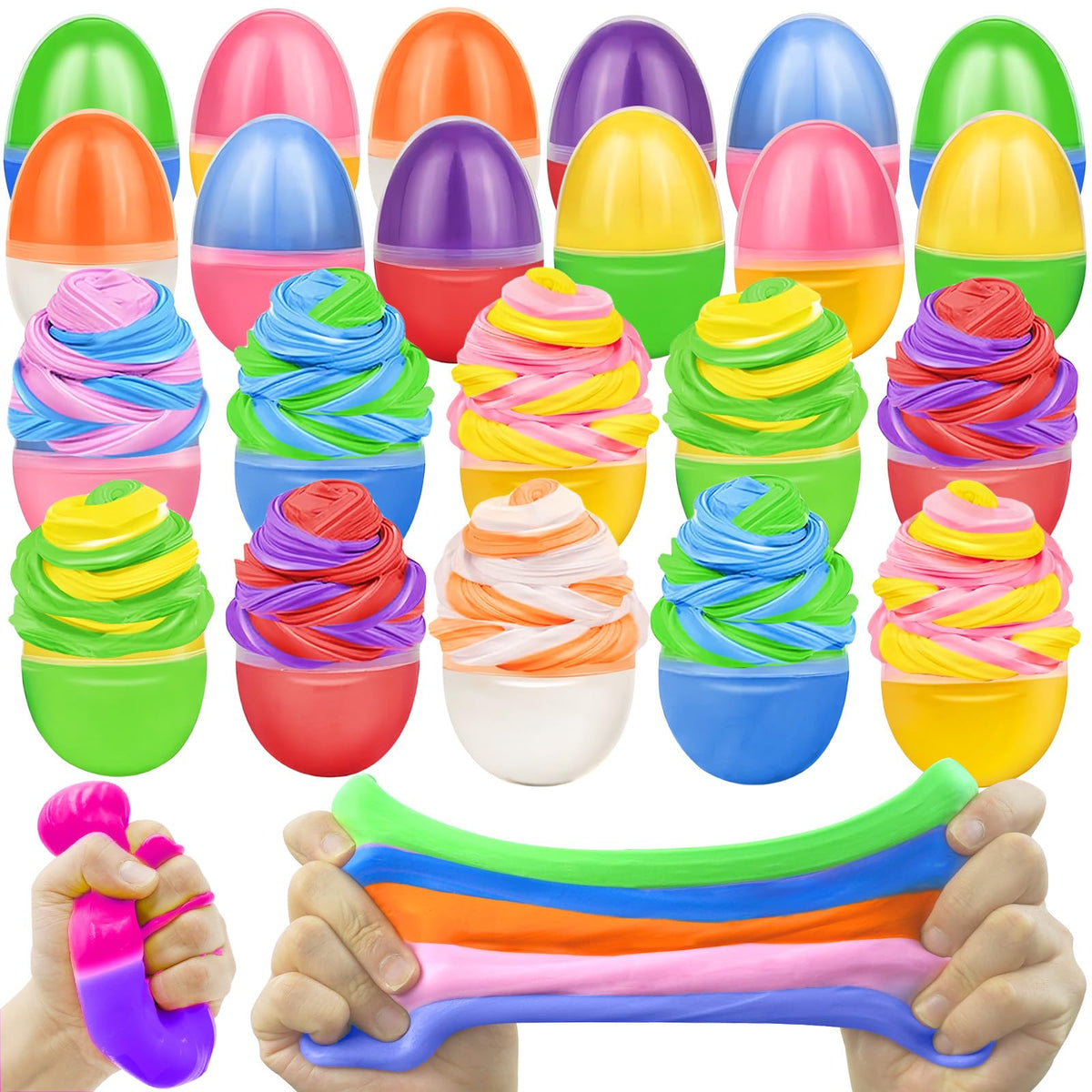 Olixmlya Easter butter slime eggs 12-pack box for fun party favors and basket fillers.