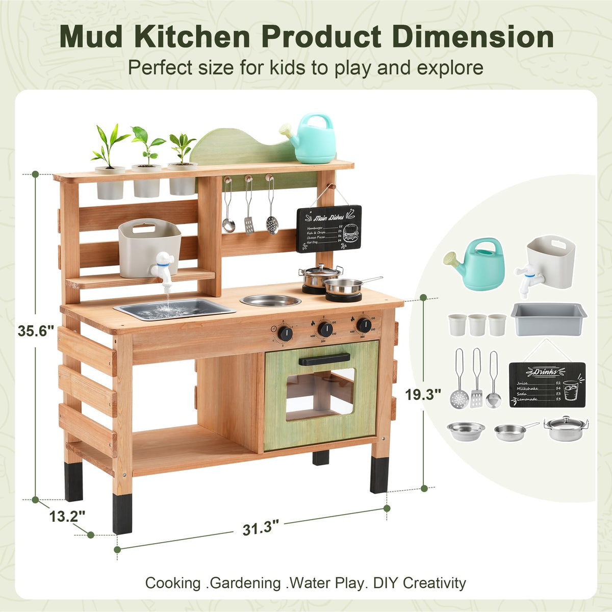 OLLIKIVI wooden mud kitchen featuring planting area sparks gardening-themed imaginative play