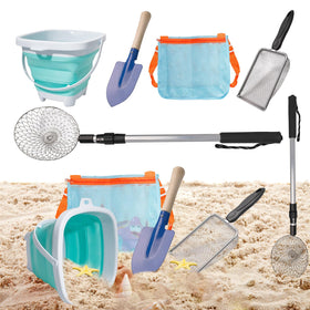 Olutacot adjustable sand sifters in use on the beach for easy shell search.