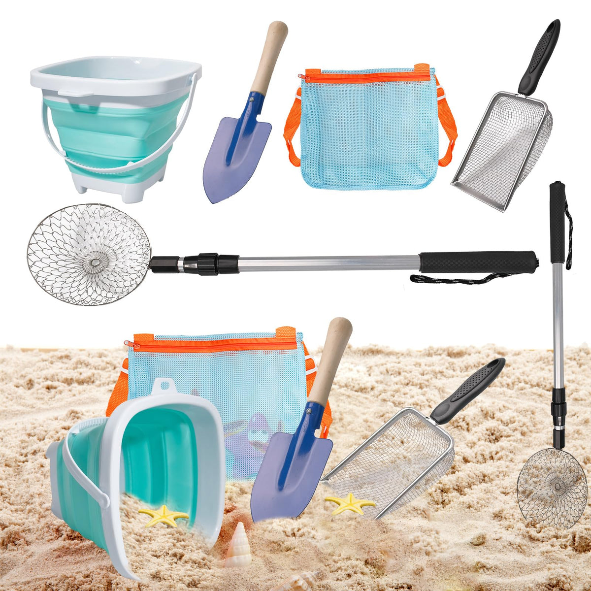 Olutacot adjustable sand sifters in use on the beach for easy shell search.