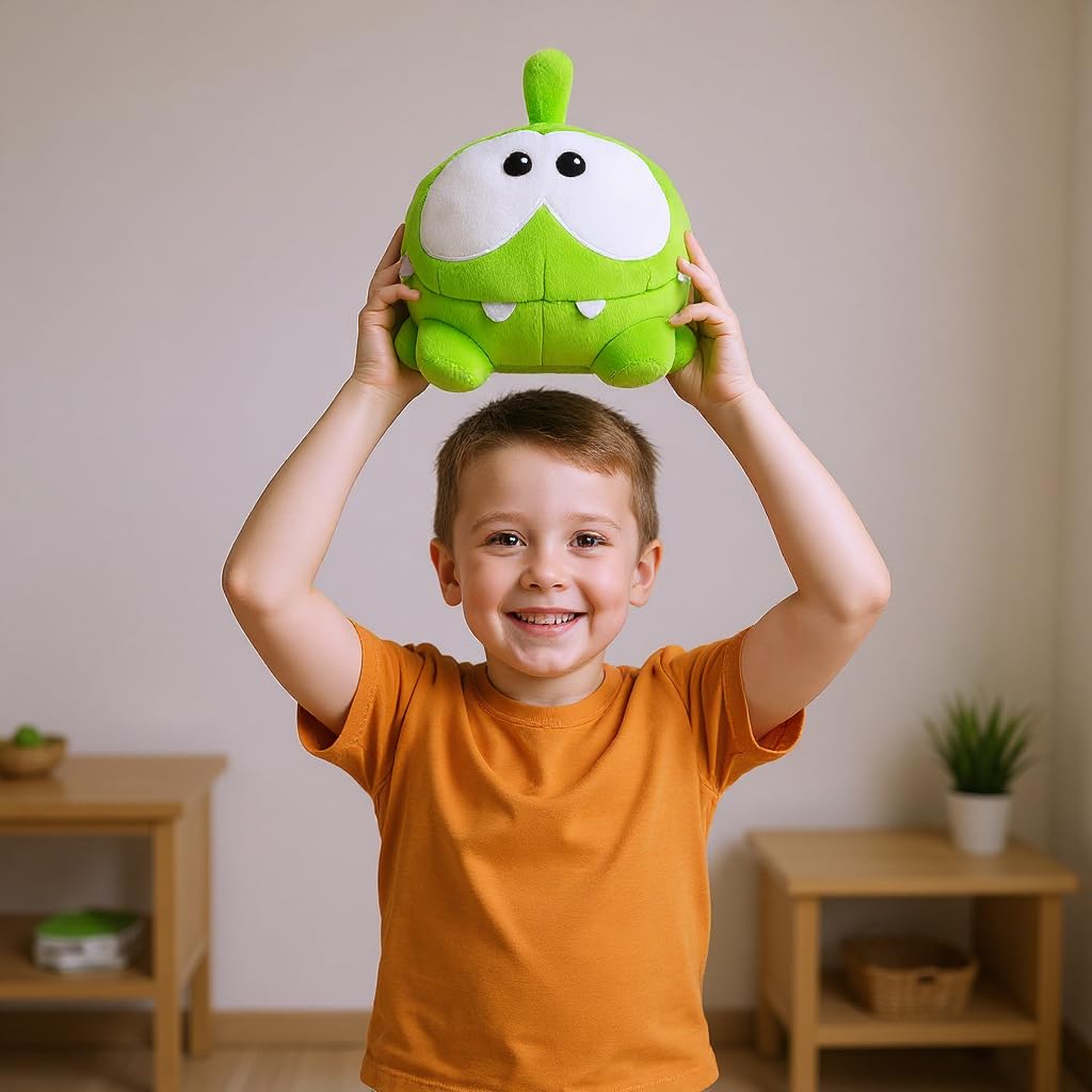Om Nom plush toy displayed on a shelf, bright and cheerful decor.