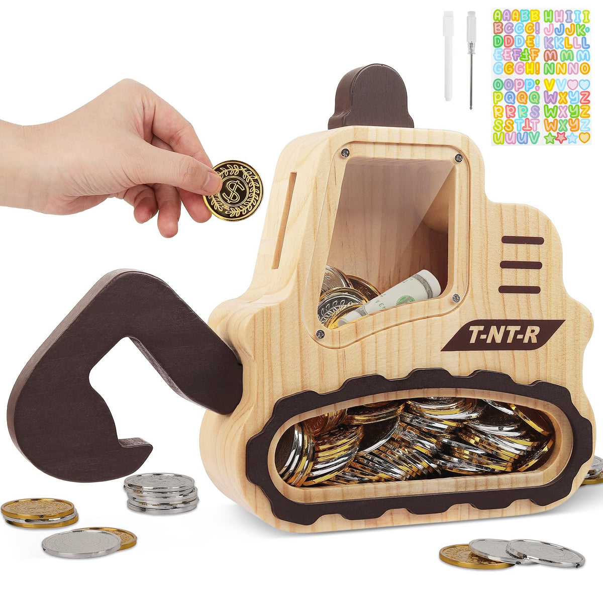 Omedecal excavator wooden piggy bank shown on a shelf, durable for kids.