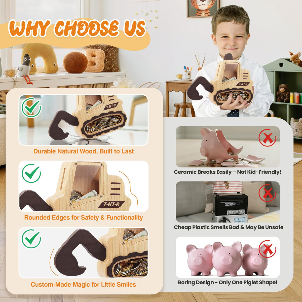 Omedecal wooden piggy bank presented as a thoughtful birthday gift.
