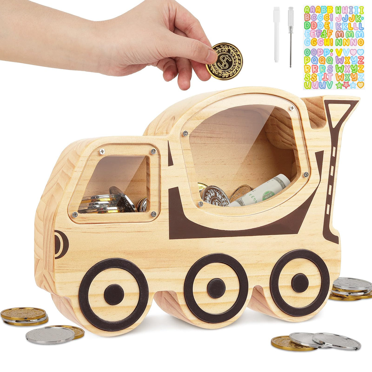 Omedecal piggy bank wooden with cement tanker design shown as a durable kids’ savings keepsake