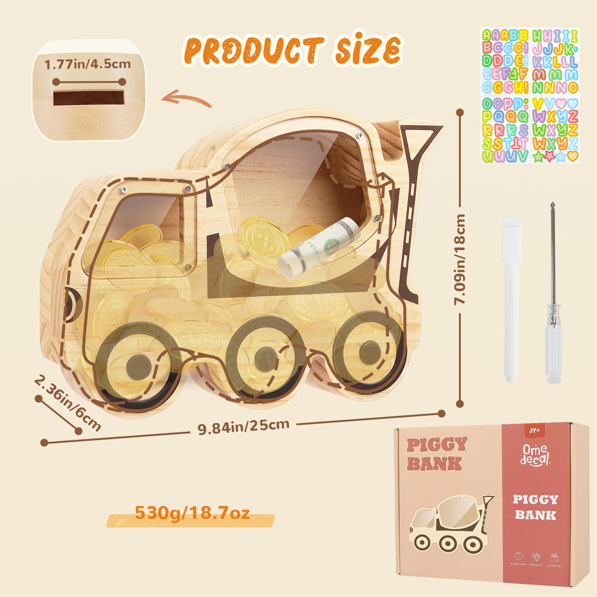Omedecal piggy bank wooden showing personalization stickers for kids