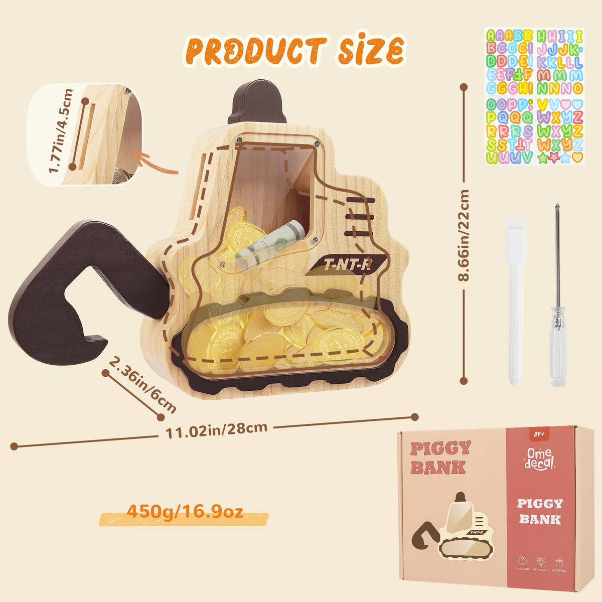 Omedecal wooden piggy bank highlighting sturdy, durable design.