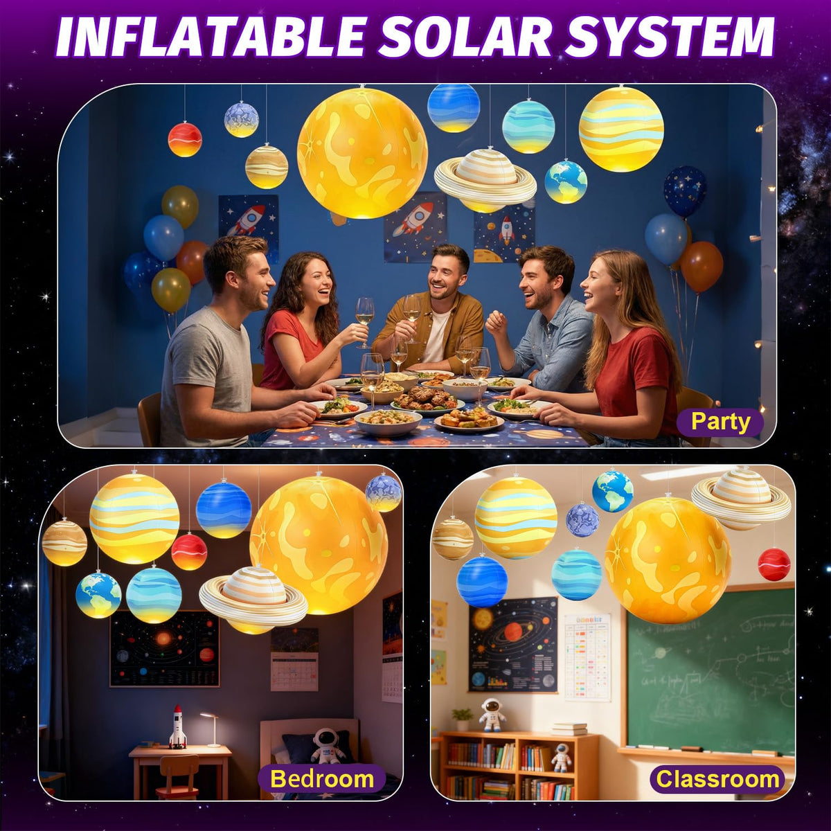 Glowing space backdrop with OMKSIH planets for parties and events