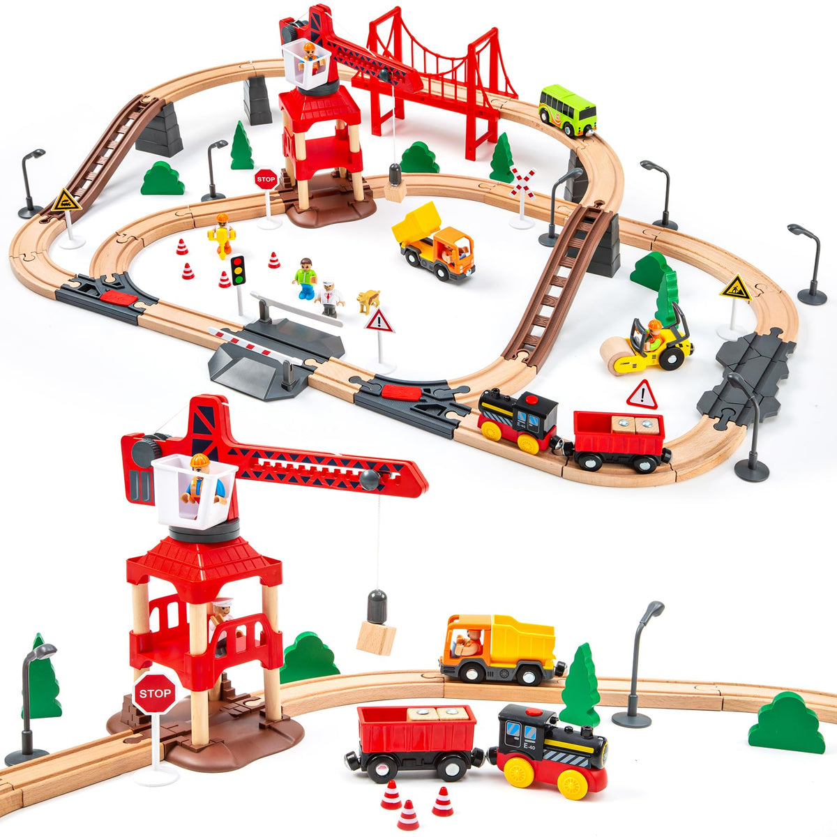 OMYbaby 86PCS wooden train set with colorful tracks for imaginative play and early engineering.