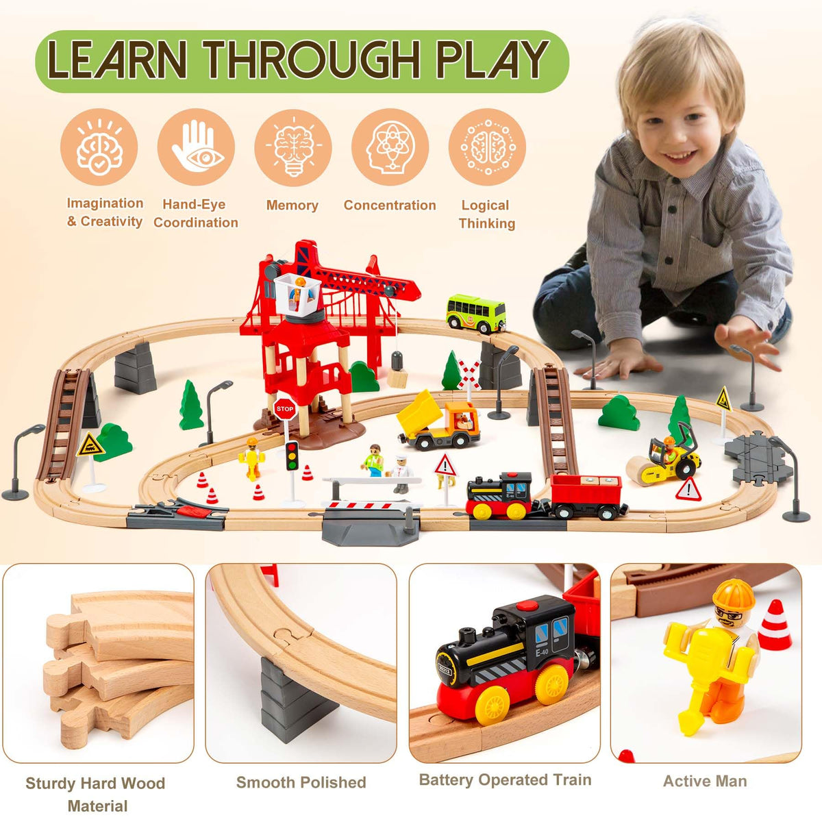 OMYbaby wooden train track bridge provides sturdy construction for lasting play.