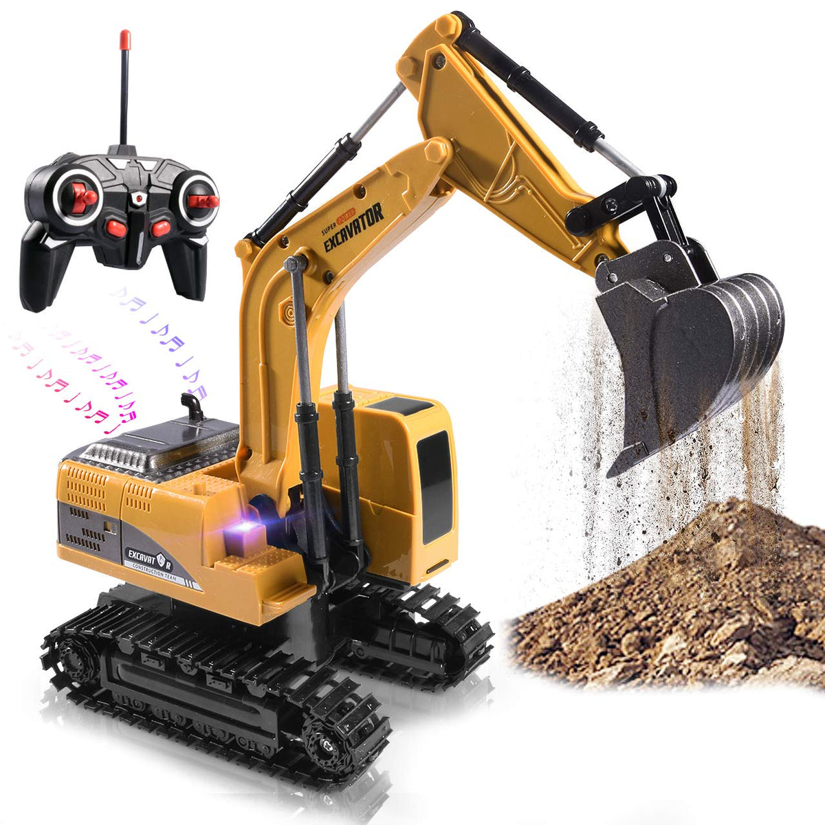 Onadrive construction excavator toy front view shows a vibrant yellow digger ready for action