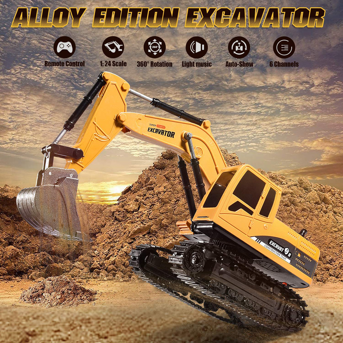 Onadrive construction excavator toy side view highlights sturdy build for outdoor play