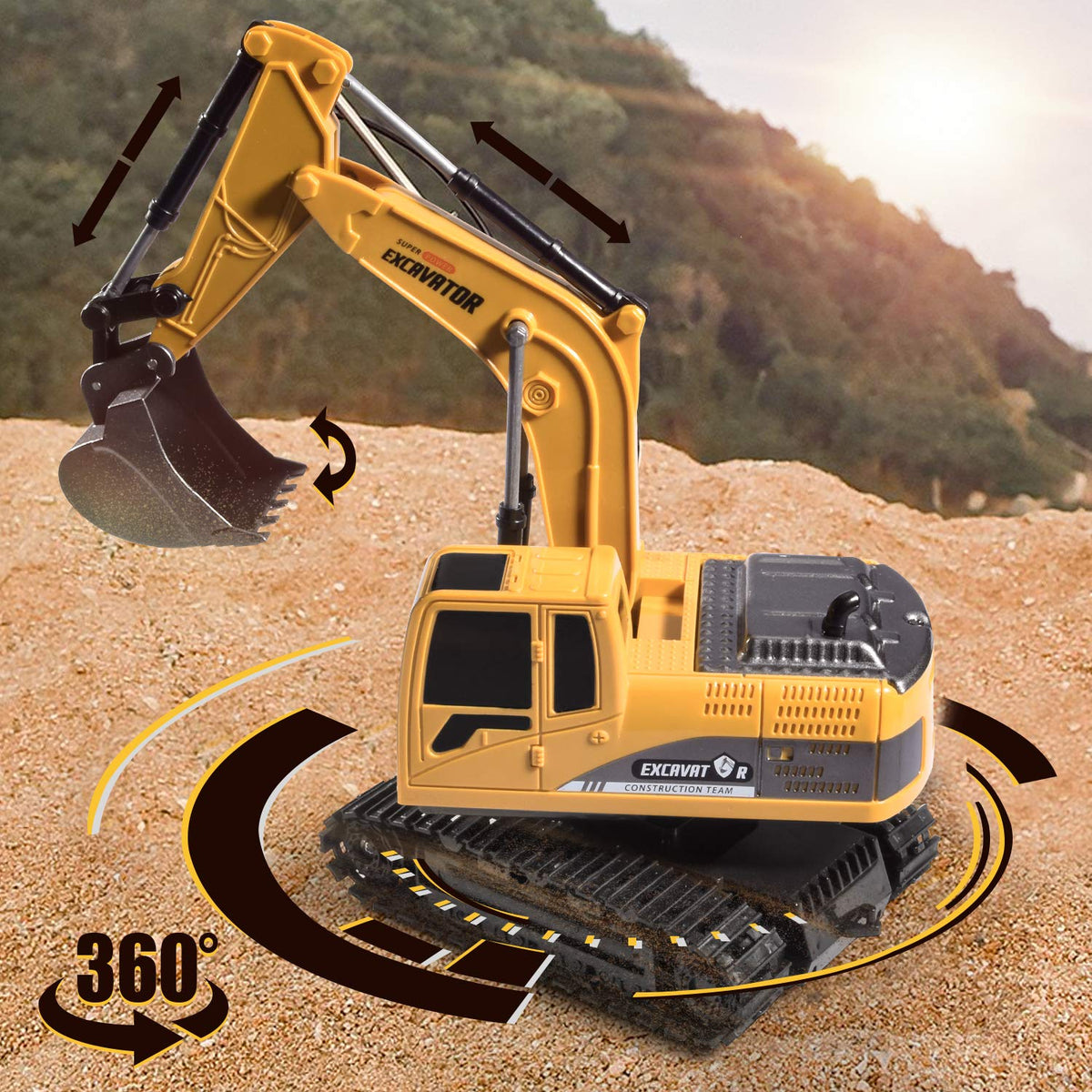 Onadrive rc excavator digging action demonstrates realistic scooping with precise remote control