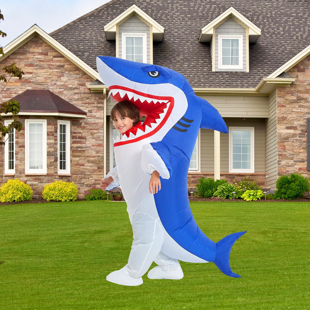 One Casa shark costume with battery pocket for quick inflation