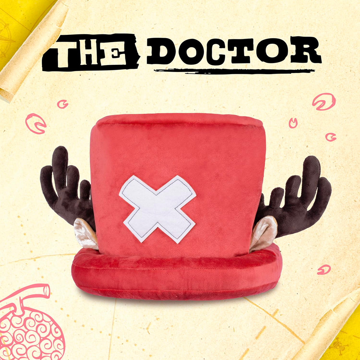 One Piece Chopper plush hat side view showcases fuzzy antlers and ears for photo ops.