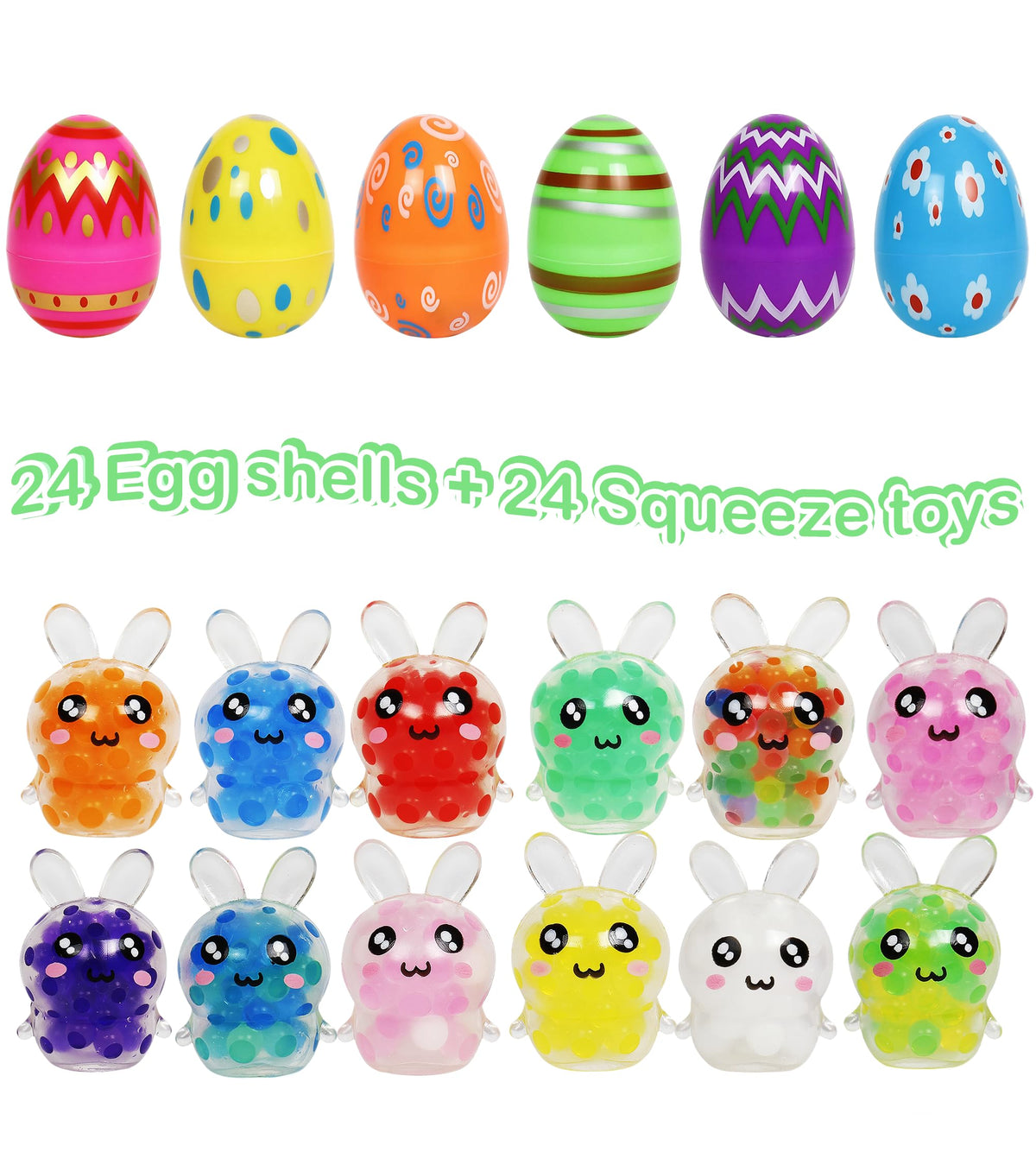 ONEVIVE Easter basket stuffer display with multiple bunny squeezies.