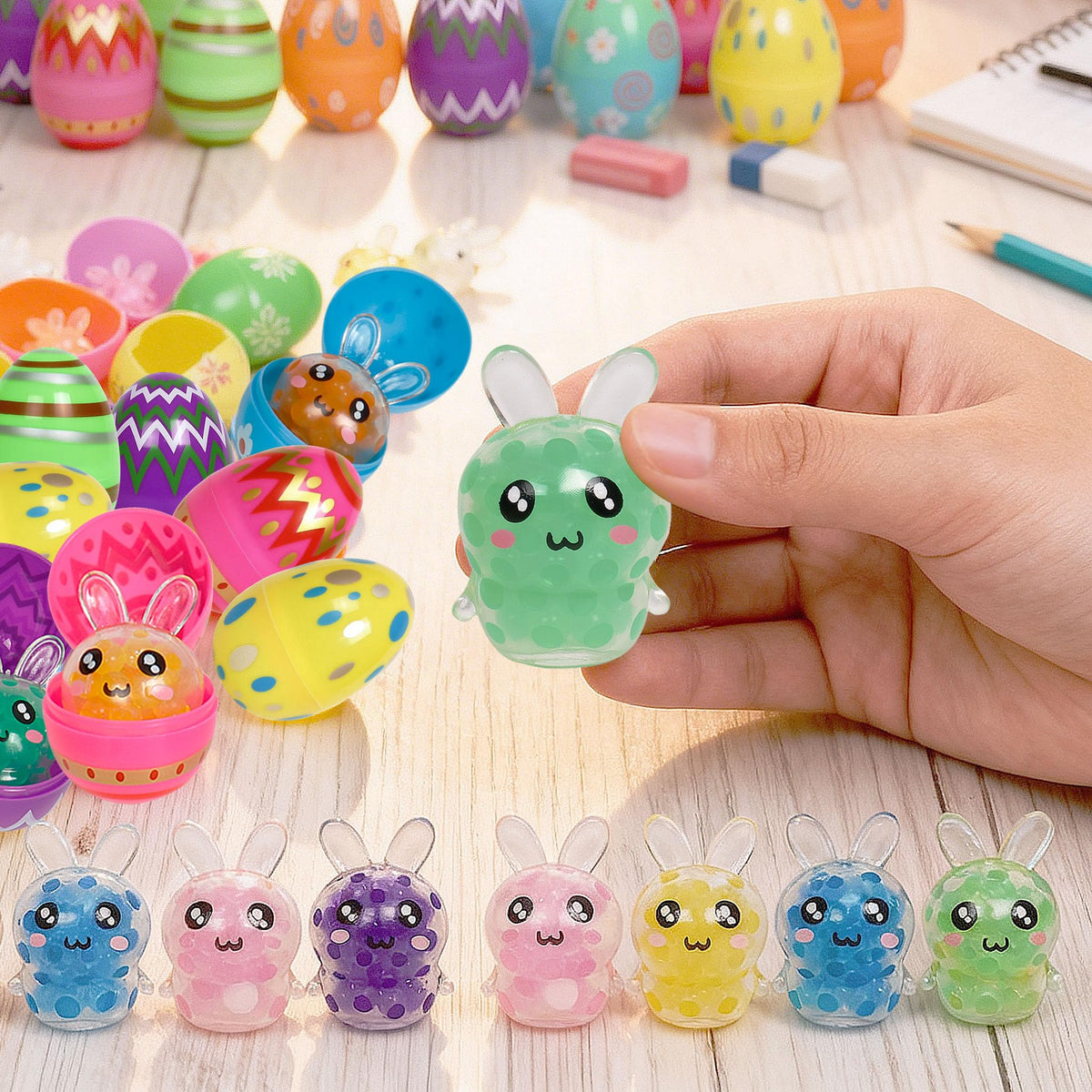 ONEVIVE Easter egg fillers packaging with colorful bunny toys for gifting and parties.