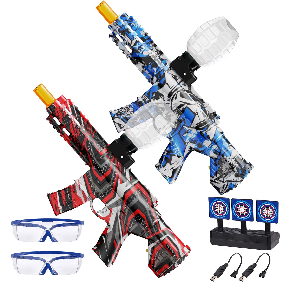 ONEXIZ Splatter Blaster set in red and blue with ready-to-fire hopper for outdoor play.
