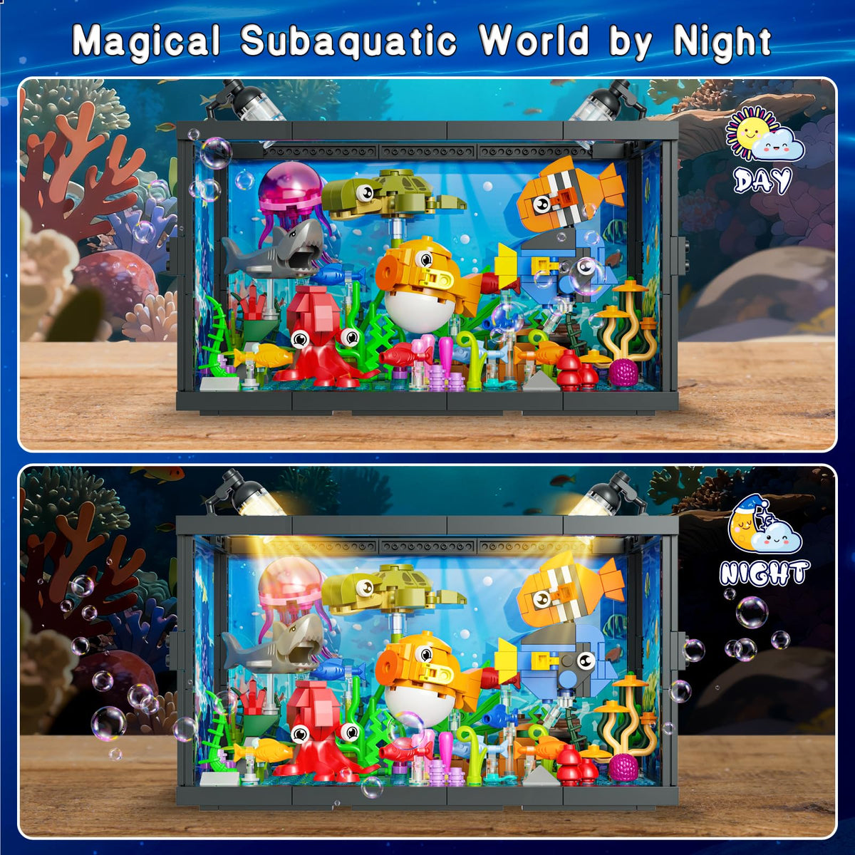 ONIMISC aquarium light strings illuminate the scene for a cozy night display