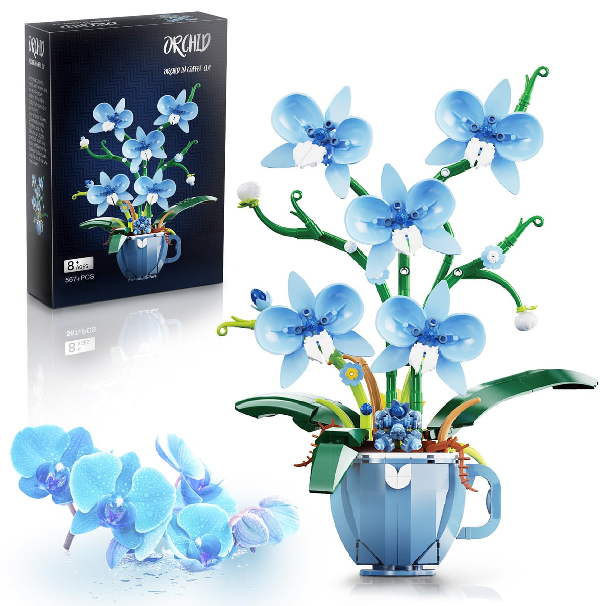 ONIMISC Blue Orchid Building Set pieces close-up highlighting intricate petals for a realistic display.