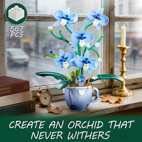 ONIMISC Blue Orchid Building Set vase display ready to elevate home decor.