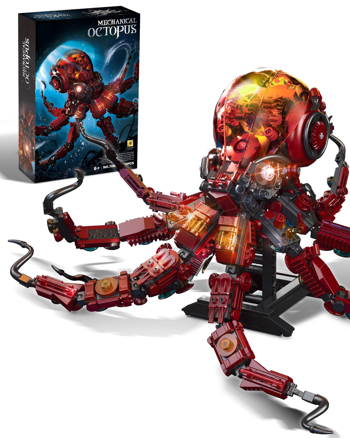 ONIMISC mechanical octopus assembly highlighting 882 blocks for a detailed steampunk model