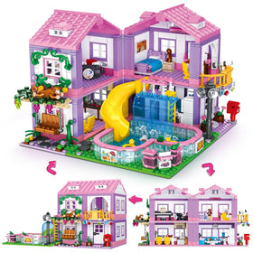 ONIMISC Pink Girls Summer Villa front view invites imaginative play with vibrant blocks.