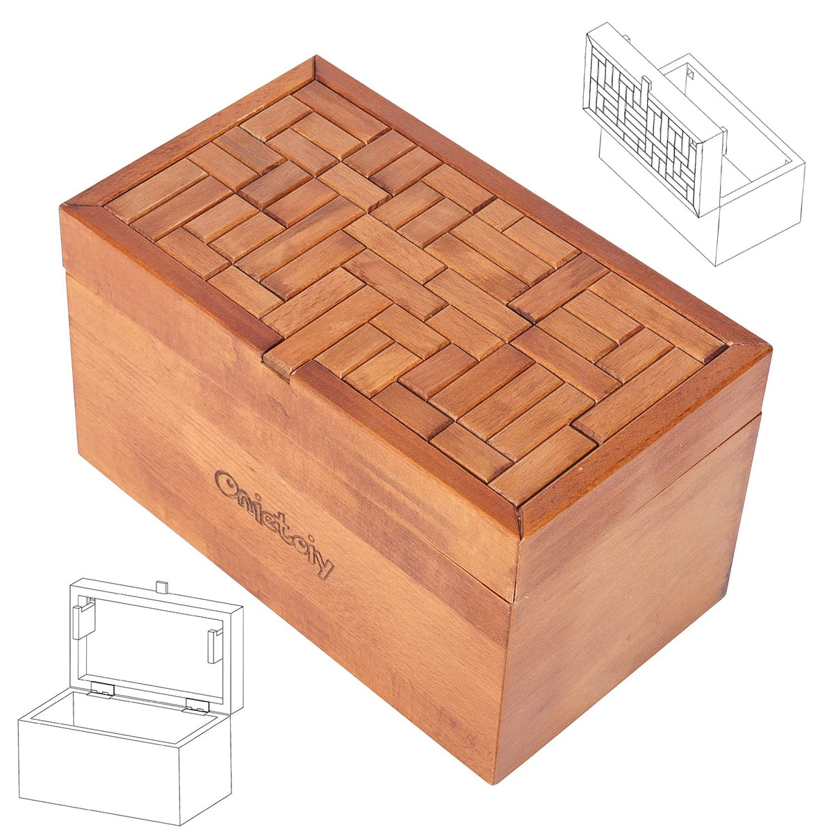 Onietoiy Big 32 steps puzzle box wooden lid close-up showing interlocking mechanism
