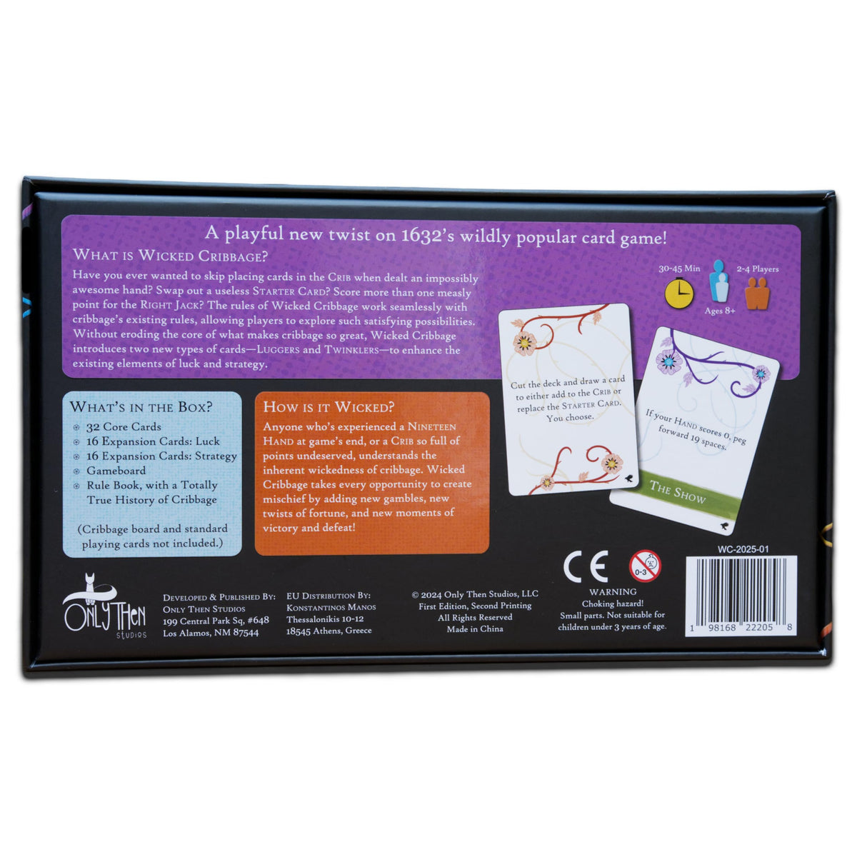 Only Then Studios Wicked Cribbage contents spread with 64 cards and compact board.
