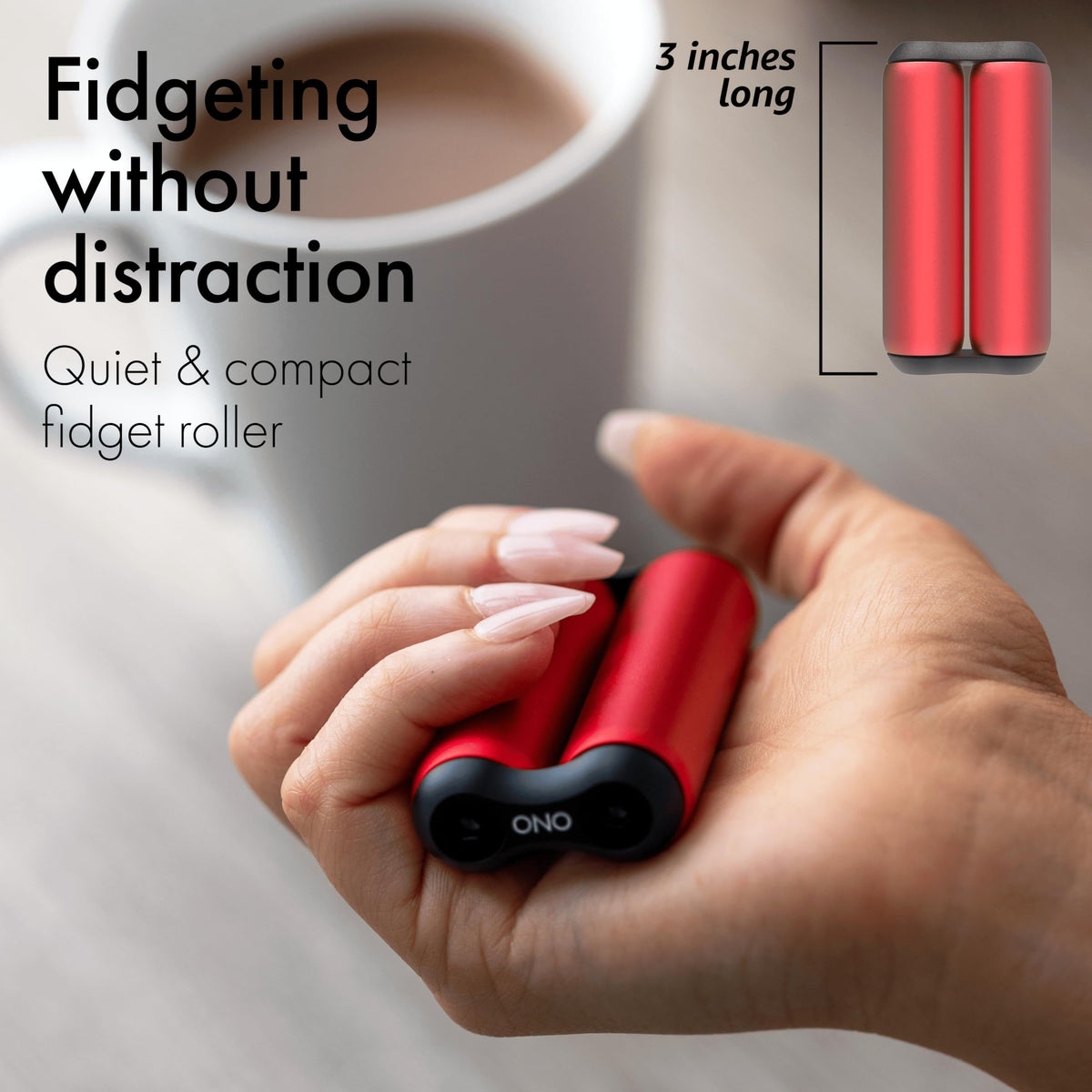 ONO Roller in use shows fingers rolling for calming engagement.