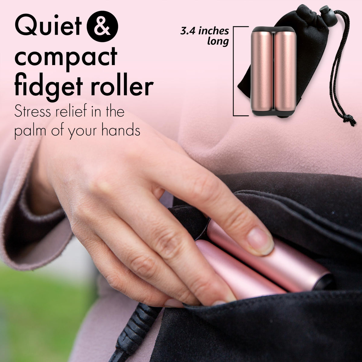 Closeup of ONO Roller in rose gold showing metallic finish and smooth contours.