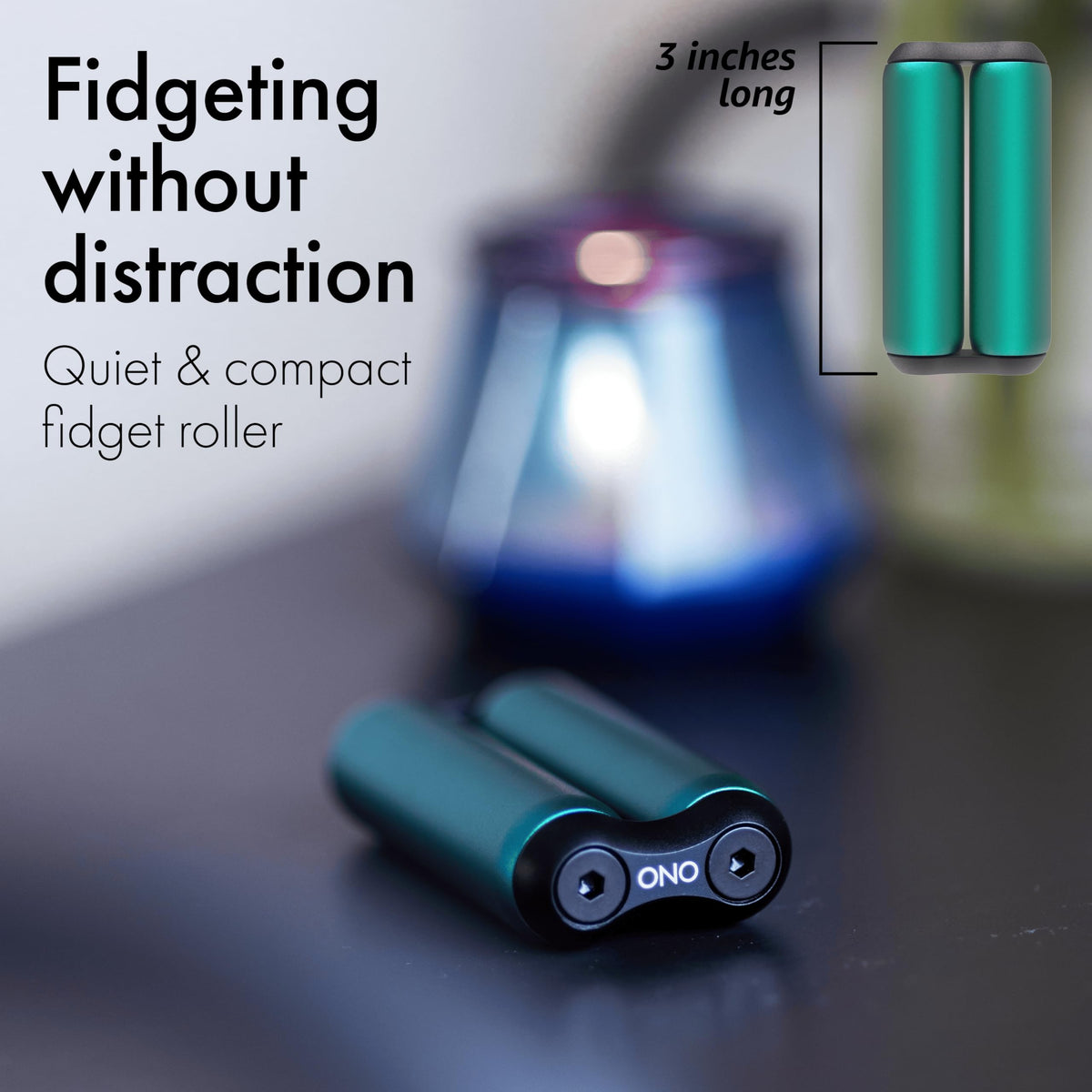 ONO Roller teal mini on desk setup promotes calm, steady attention