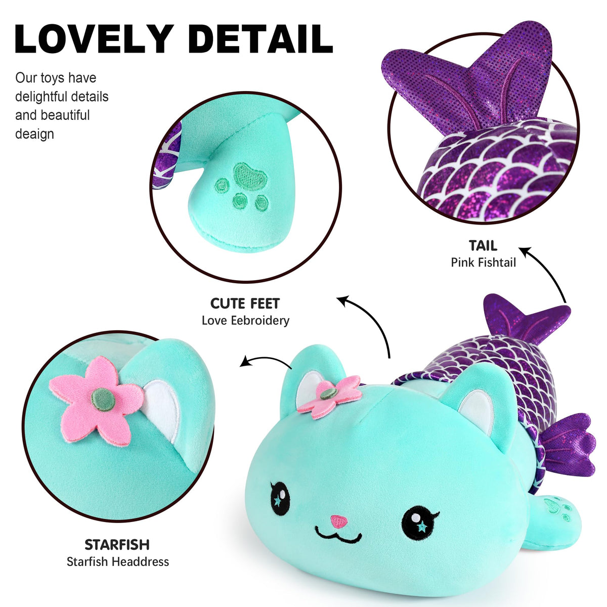 Onsoyours 12-inch mermaid cat pillow for kids provides portable snuggle support.